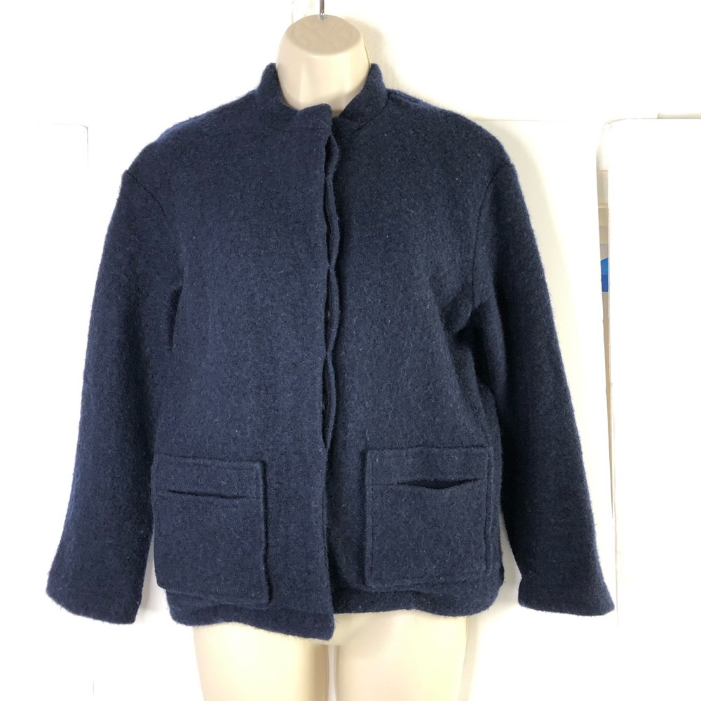 Zara Funnel Collar Wool Blend Coat Women Sz S Girls 11-12 Navy Jacket Knit READ